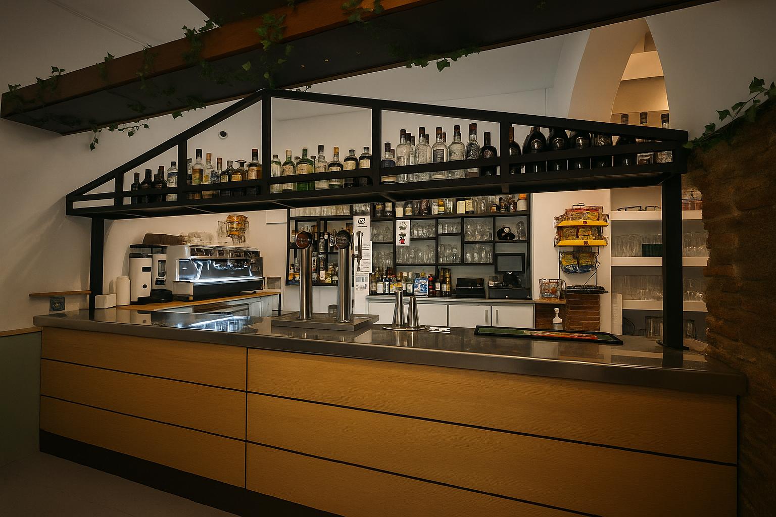 Detalle de la barra iluminada y las botellas de Siroco Café Pub